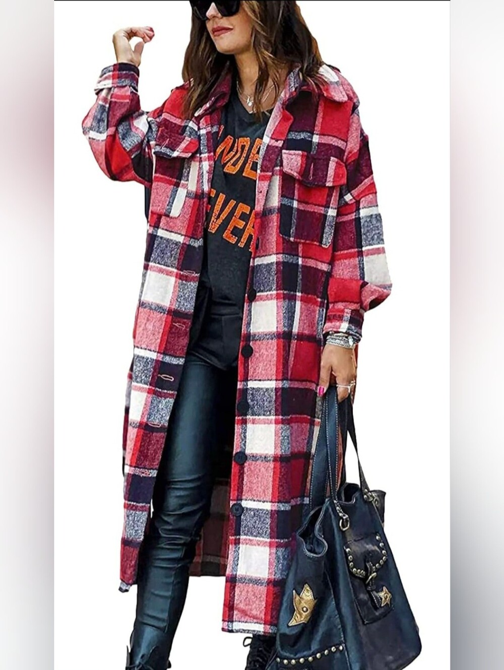 Womens Red and Black Plaid Button-Front Long Shirt Shacket-Size:M